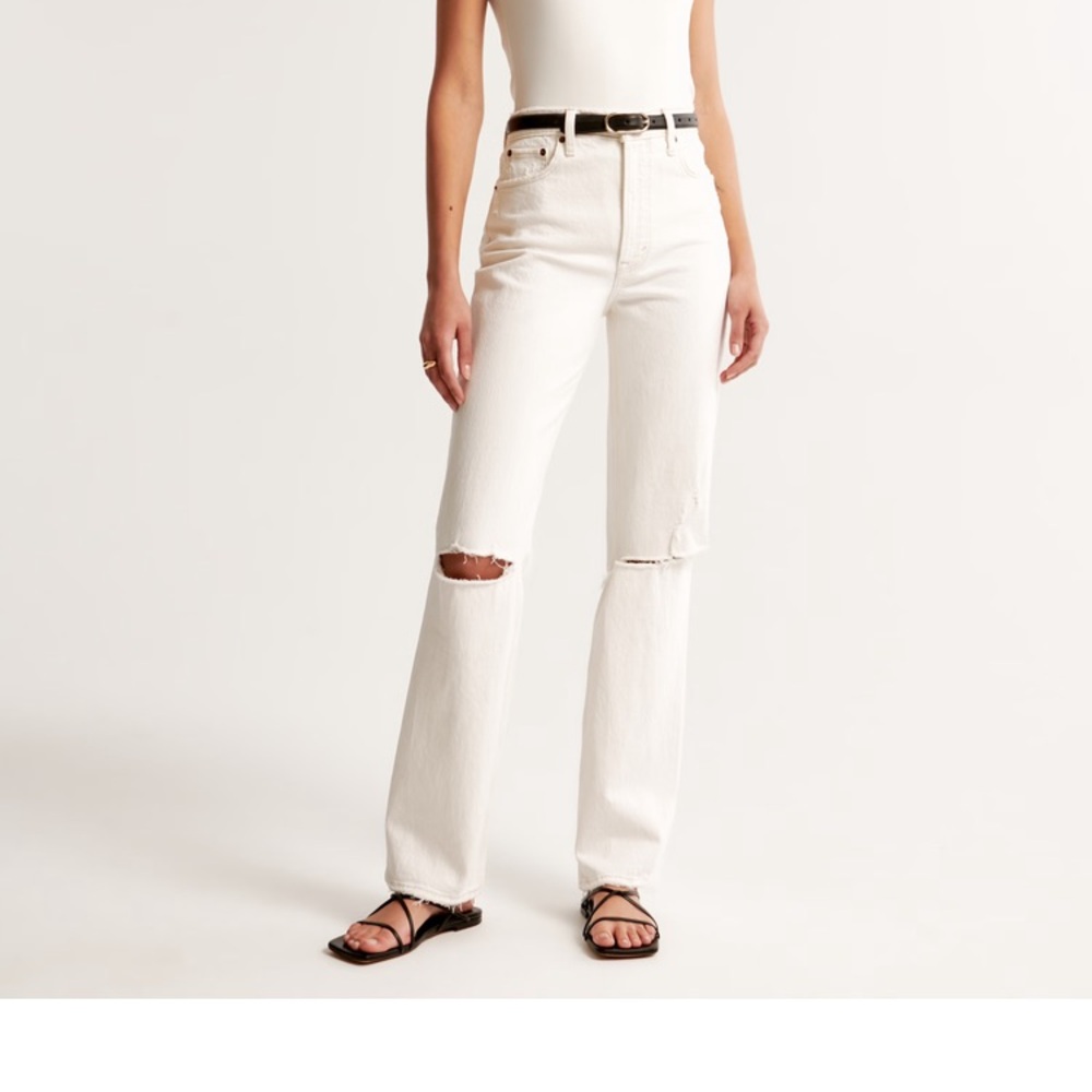 Abercrombie & Fitch High-Rise White Distressed Straight Jeans